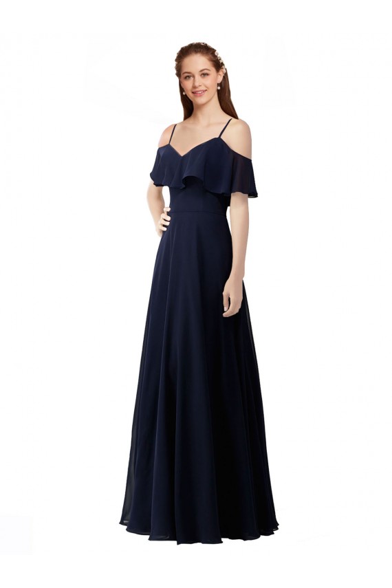 Bleu marine foncé Trapèze Épaule Dénudée Col V Mousseline Longue Robes demoiselle d'honneur Prix Réduit