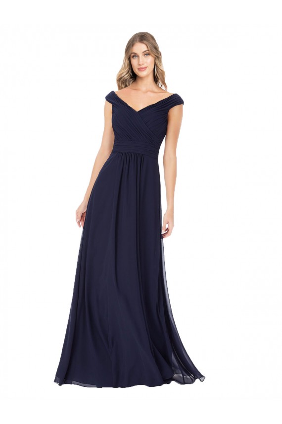 Bleu marine foncé Trapèze Épaule Dénudée Mousseline Longue Robes demoiselle d'honneur Prix Réduit