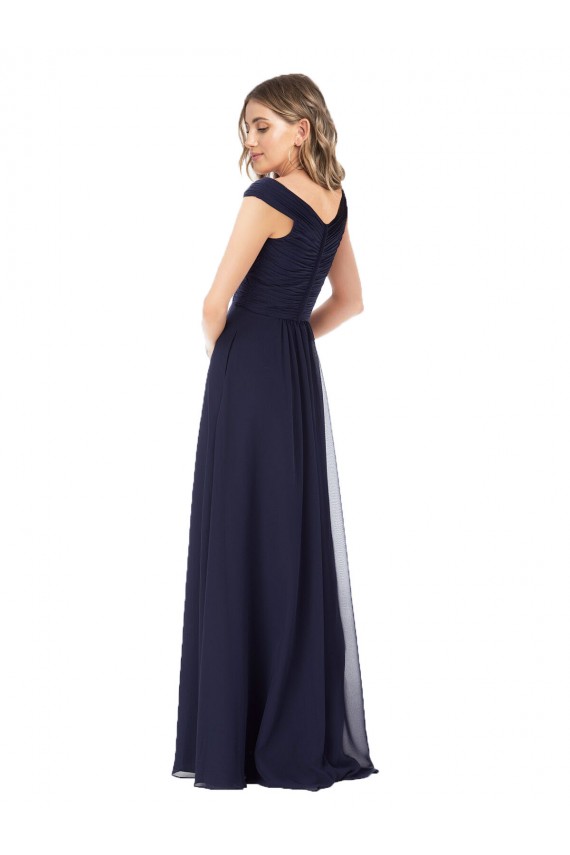 Bleu marine foncé Trapèze Épaule Dénudée Mousseline Longue Robes demoiselle d'honneur Prix Réduit