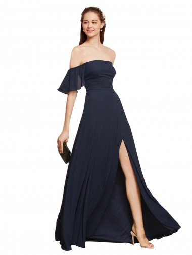 Bleu marine foncé Trapèze Épaule Dénudée Mousseline Longue Robes demoiselle d'honneur / Robes de bal Prix Réduit