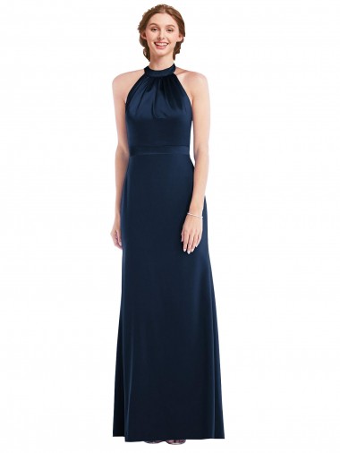 Bleu marine foncé Trompette Col Haut Crêpe Stretch Longue Robes demoiselle d'honneur / Robes de bal Prix Réduit