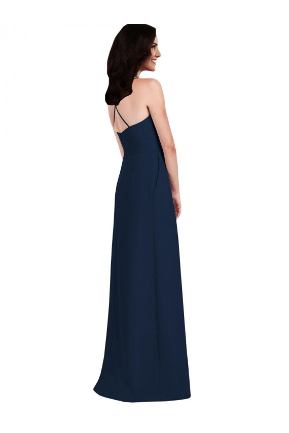 Bleu marine foncé Trompette Licou Crêpe Stretch Longue Robes demoiselle d'honneur Prix Réduit