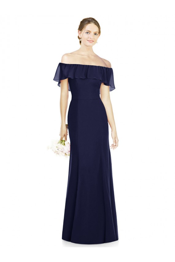 Bleu marine foncé Trompette Épaule Dénudée Mousseline Longue Robes demoiselle d'honneur Prix Réduit