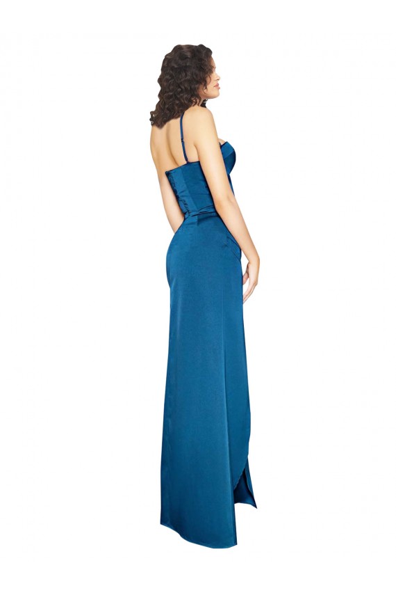 Bleu paon Fourreau Bretelles spaghetti Satiné Soyeux Longue Formelles Robes demoiselle d'honneur / Robes de soirée / Robes de bal Prix Réduit