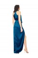 Bleu paon Fourreau Licou Col Haut Satiné Soyeux Longue Formelles Robes demoiselle d'honneur / Robes de soirée / Robes de bal Prix Réduit