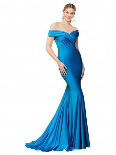 Bleu paon Sirène Épaule Dénudée Satiné Longue Formelles Robes demoiselle d'honneur / Robes de soirée / Robes de bal Prix Réduit