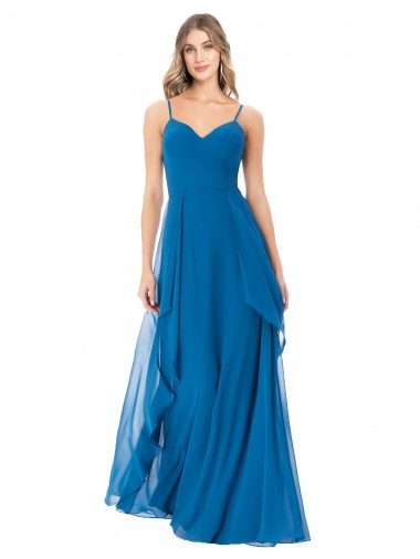 Bleu paon Trapèze Bretelles spaghetti Mousseline Longue Robes demoiselle d'honneur Prix Réduit