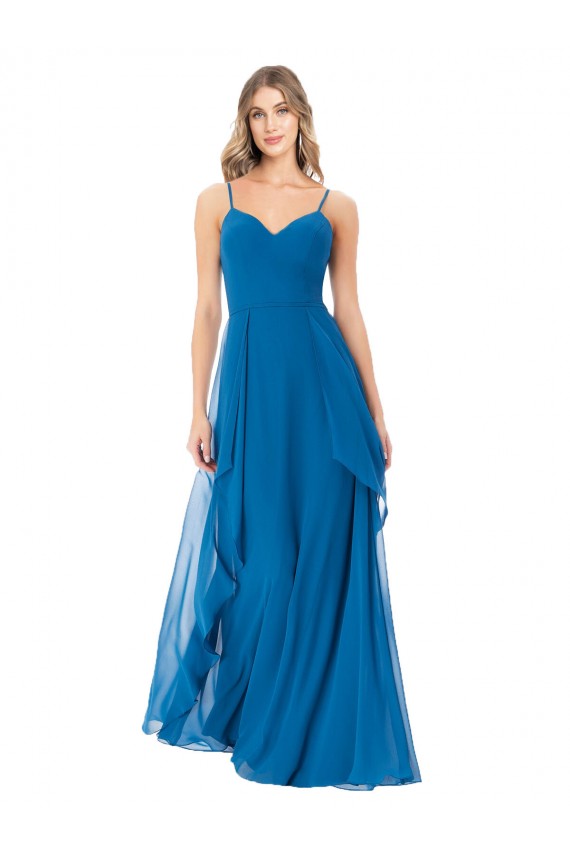 Bleu paon Trapèze Bretelles spaghetti Mousseline Longue Robes demoiselle d'honneur Prix Réduit