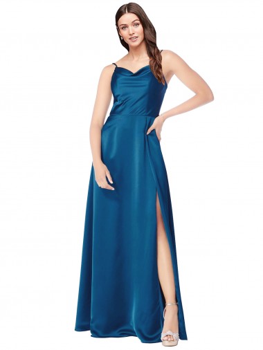 Bleu paon Trapèze Bretelles spaghetti Satiné Soyeux Longue Formelles Robes demoiselle d'honneur / Robes de soirée / Robes de bal Prix Réduit
