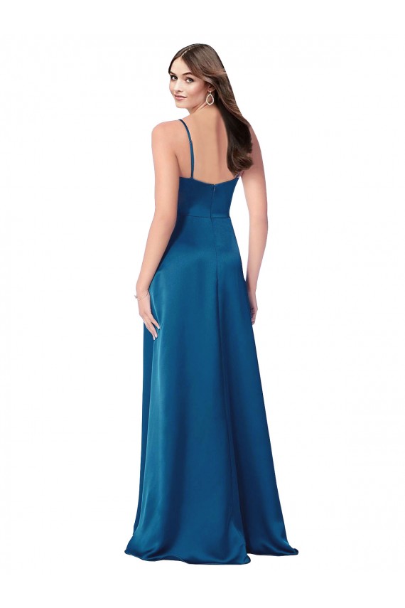 Bleu paon Trapèze Bretelles spaghetti Satiné Soyeux Longue Formelles Robes demoiselle d'honneur / Robes de soirée / Robes de bal Prix Réduit