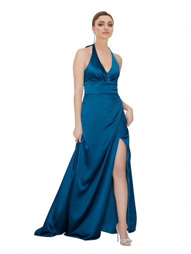 Bleu paon Trapèze Licou Satiné Soyeux Longue Formelles Robes demoiselle d'honneur / Robes de soirée / Robes de bal Prix Réduit