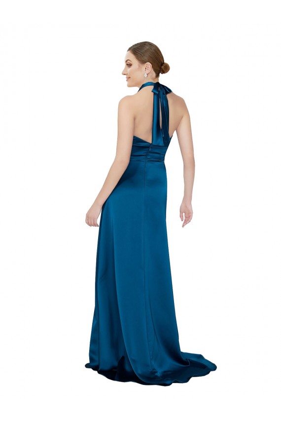Bleu paon Trapèze Licou Satiné Soyeux Longue Formelles Robes demoiselle d'honneur / Robes de soirée / Robes de bal Prix Réduit