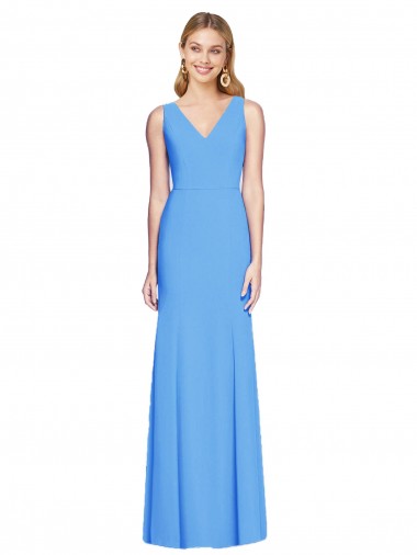 Bleu paon Trompette Col V Crêpe Stretch Longue Robes demoiselle d'honneur / Robes de bal Prix Réduit