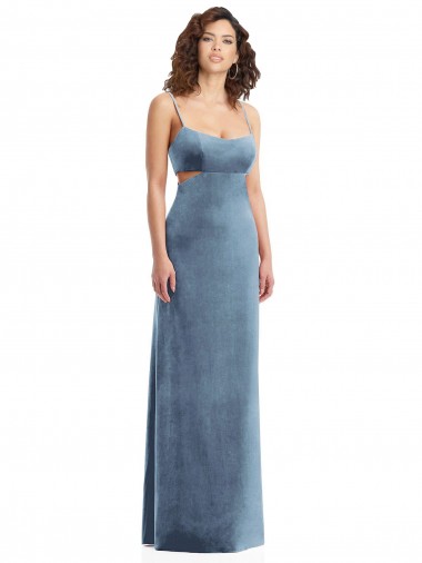 Bleu poussiéreux Fourreau Col Carré Velours Stretch Longue Formelles Robes demoiselle d'honneur / Robes de soirée / Robes de bal Prix Réduit