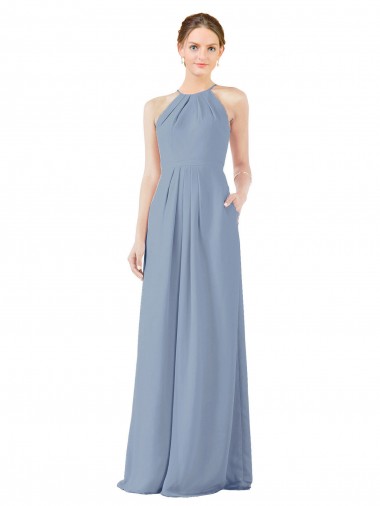 Bleu poussiéreux Fourreau Licou Col Haut Mousseline Longue Robes demoiselle d'honneur Prix Réduit