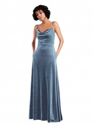 Bleu poussiéreux Fourreau Velours Stretch Longue Robes demoiselle d'honneur / Robes de bal Prix Réduit