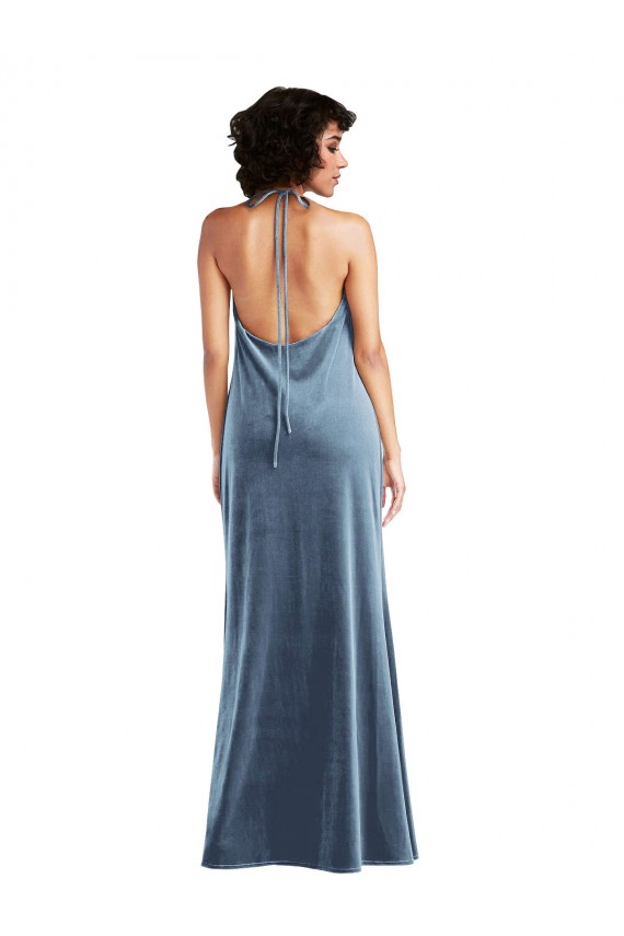 Bleu poussiéreux Fourreau Velours Stretch Longue Robes demoiselle d'honneur / Robes de bal Prix Réduit