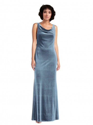 Bleu poussiéreux Fourreau Velours Stretch Longue Robes demoiselle d'honneur / Robes de bal Prix Réduit