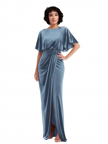 Bleu poussiéreux Fourreau Velours Stretch Longue Robes demoiselle d'honneur / Robes de bal Prix Réduit