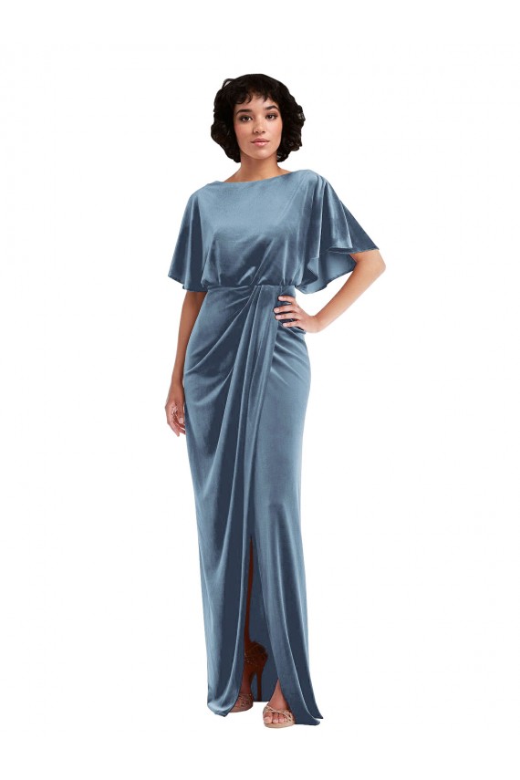 Bleu poussiéreux Fourreau Velours Stretch Longue Robes demoiselle d'honneur / Robes de bal Prix Réduit