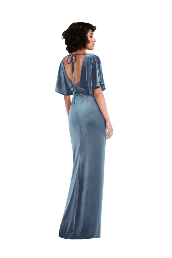 Bleu poussiéreux Fourreau Velours Stretch Longue Robes demoiselle d'honneur / Robes de bal Prix Réduit