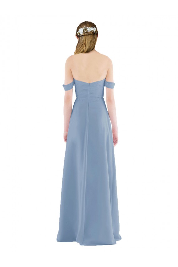 Bleu poussiéreux Fourreau Épaule Dénudée Mousseline Longue Robes demoiselle d'honneur Prix Réduit