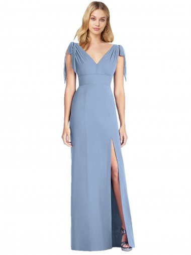 Bleu poussiéreux Sirène Col V Mousseline Longue Robes demoiselle d'honneur Prix Réduit