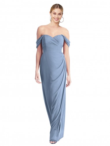 Bleu poussiéreux Sirène Épaule Dénudée Mousseline Longue Robes demoiselle d'honneur Prix Réduit