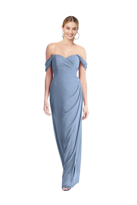 Bleu poussiéreux Sirène Épaule Dénudée Mousseline Longue Robes demoiselle d'honneur Prix Réduit