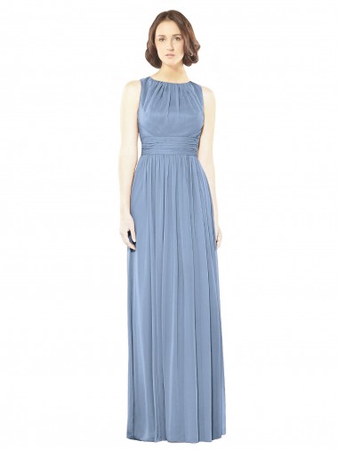 Bleu poussiéreux Trapèze Bateau Mousseline Longue Robes demoiselle d'honneur Prix Réduit