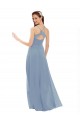 Bleu poussiéreux Trapèze Bretelles spaghetti Col V Mousseline Dentelle Longue Robes demoiselle d'honneur Prix Réduit