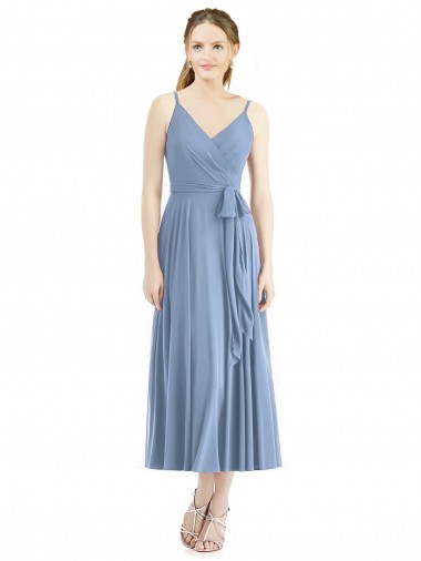 Bleu poussiéreux Trapèze Bretelles spaghetti Mousseline Courte Robes demoiselle d'honneur Prix Réduit
