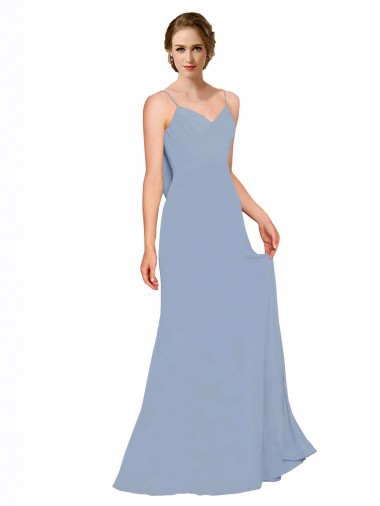 Bleu poussiéreux Trapèze Bretelles spaghetti Mousseline Longue Robes demoiselle d'honneur Prix Réduit