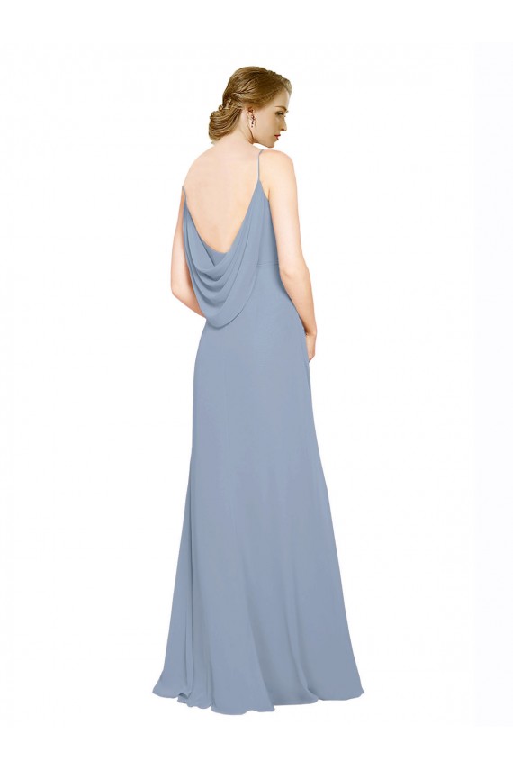 Bleu poussiéreux Trapèze Bretelles spaghetti Mousseline Longue Robes demoiselle d'honneur Prix Réduit