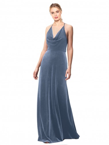 Bleu poussiéreux Trapèze Bretelles spaghetti Velours Stretch Longue Robes demoiselle d'honneur / Robes de bal Prix Réduit