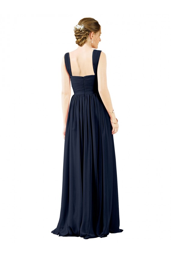Bleu poussiéreux Trapèze Col Carré Mousseline Longue Robes demoiselle d'honneur Prix Réduit