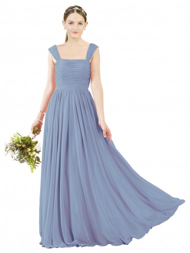 Bleu poussiéreux Trapèze Col Carré Mousseline Longue Robes demoiselle d'honneur Prix Réduit