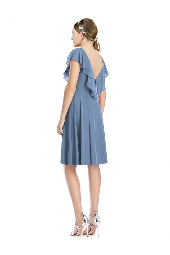 Bleu poussiéreux Trapèze Col V Mousseline Courte Robes demoiselle d'honneur Prix Réduit