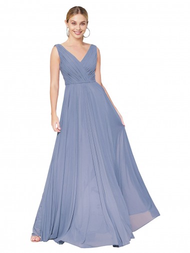 Bleu poussiéreux Trapèze Col V Mousseline Longue Formelles Robes demoiselle d'honneur / Robes de soirée / Robes de bal Prix Réduit