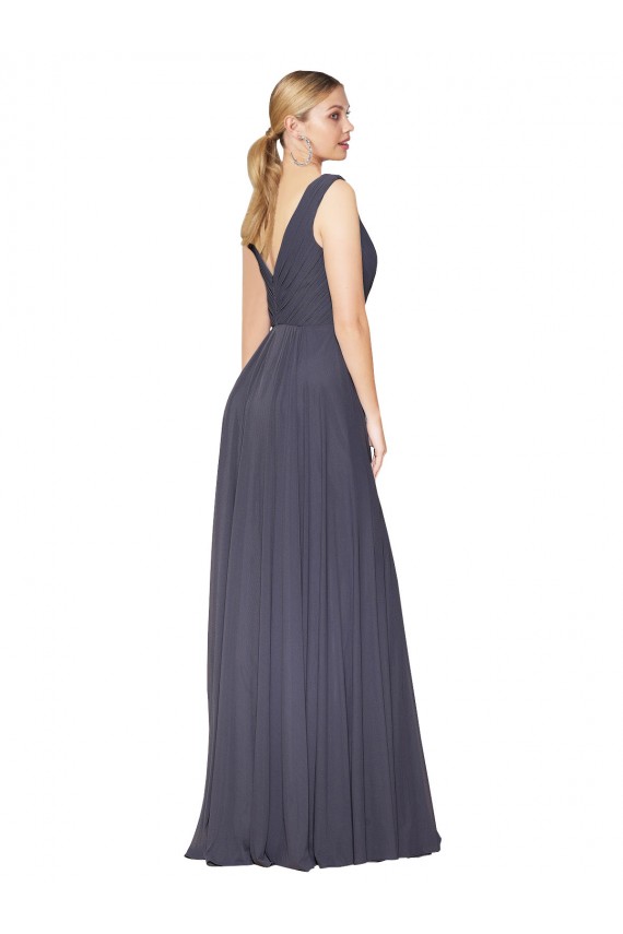 Bleu poussiéreux Trapèze Col V Mousseline Longue Formelles Robes demoiselle d'honneur / Robes de soirée / Robes de bal Prix Réduit