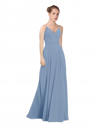 Bleu poussiéreux Trapèze Col V Mousseline Longue Robes demoiselle d'honneur Prix Réduit