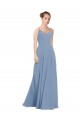 Bleu poussiéreux Trapèze Col V Mousseline Longue Robes demoiselle d'honneur Prix Réduit