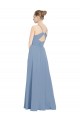 Bleu poussiéreux Trapèze Col V Mousseline Longue Robes demoiselle d'honneur Prix Réduit