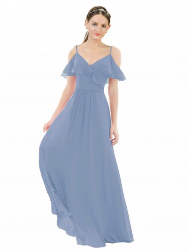 Bleu poussiéreux Trapèze Col V Mousseline Longue Robes demoiselle d'honneur Prix Réduit