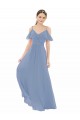 Bleu poussiéreux Trapèze Col V Mousseline Longue Robes demoiselle d'honneur Prix Réduit