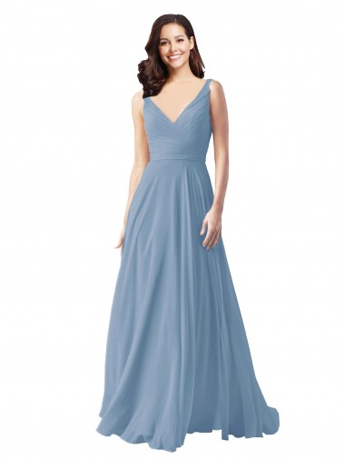 Bleu poussiéreux Trapèze Col V Mousseline Longue Robes demoiselle d'honneur Prix Réduit