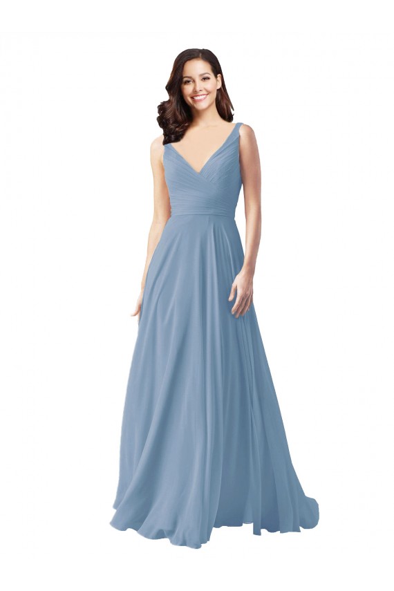 Bleu poussiéreux Trapèze Col V Mousseline Longue Robes demoiselle d'honneur Prix Réduit