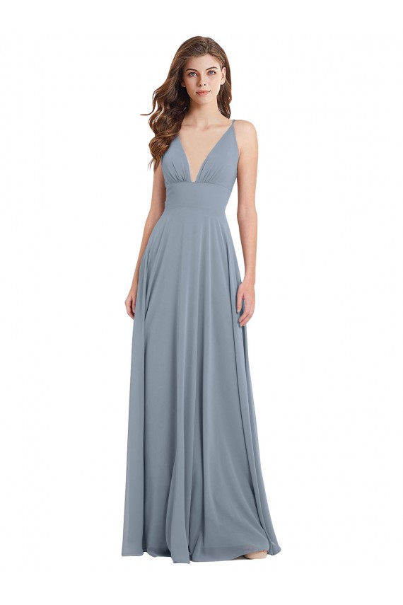 Bleu poussiéreux Trapèze Col V Mousseline Longue Robes demoiselle d'honneur Prix Réduit