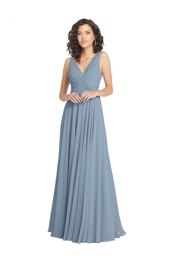 Bleu poussiéreux Trapèze Col V Mousseline Longue Robes demoiselle d'honneur Prix Réduit