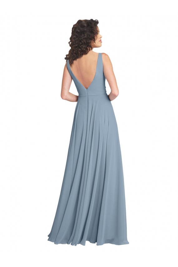 Bleu poussiéreux Trapèze Col V Mousseline Longue Robes demoiselle d'honneur Prix Réduit
